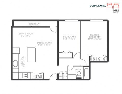 Floor plan for 2 beds, 1 bath, 812 sqft